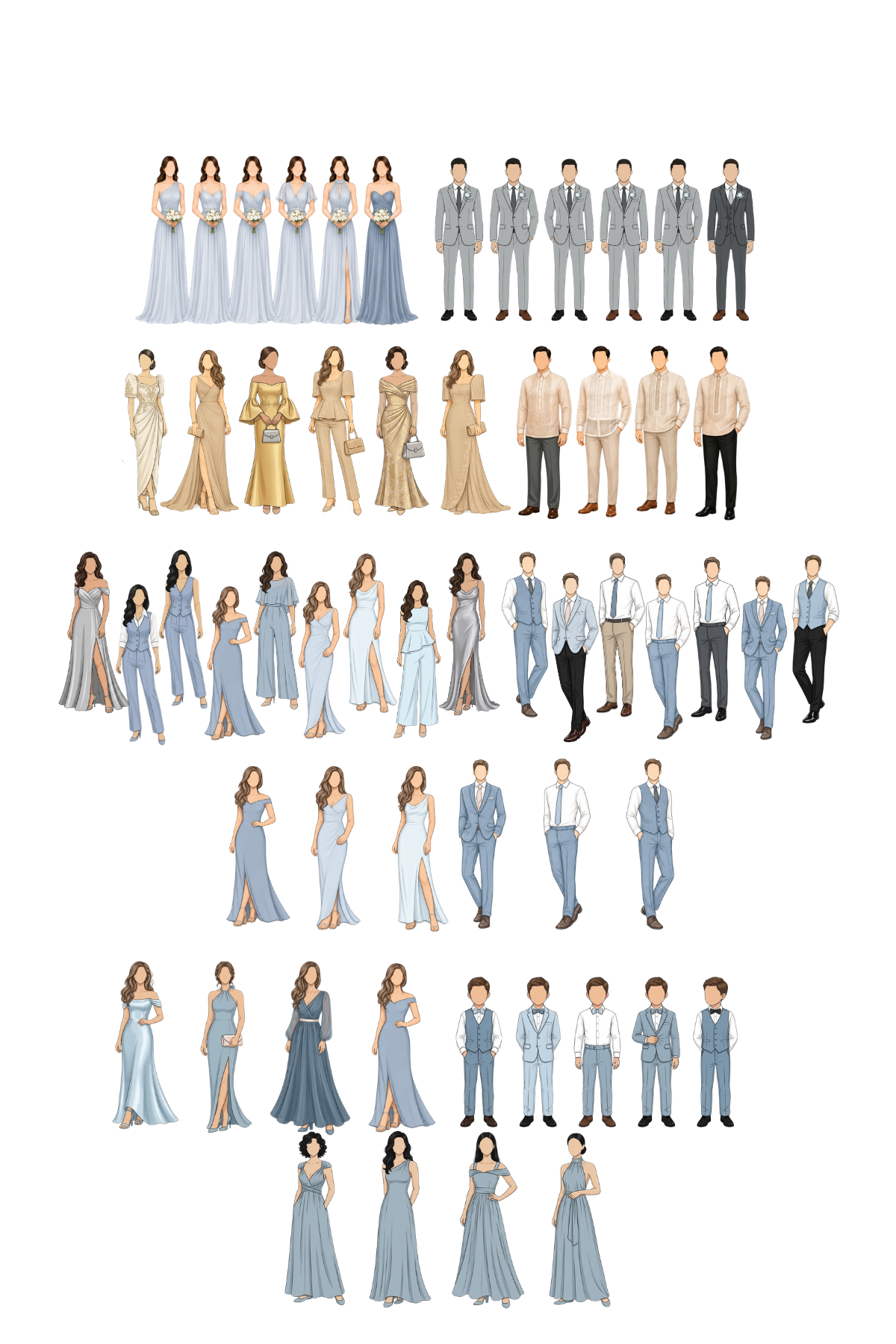 Wedding attire examples for bridesmaids, groomsmen, secondary sponsors, bearers, flower girls, and guests
